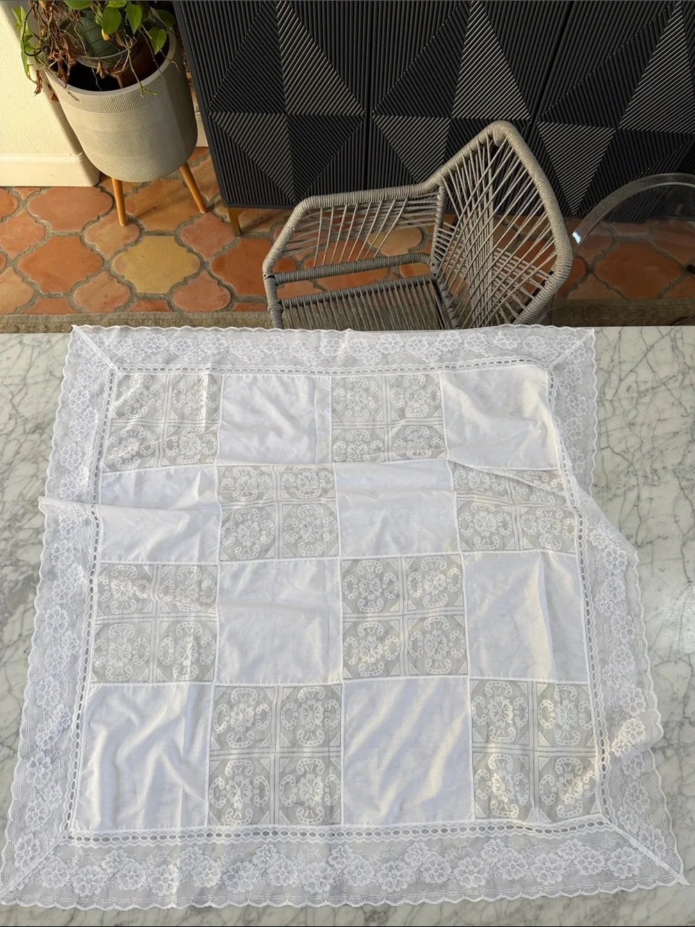 White Lace Patchwork Tablecloth - Home Dining 41x41”